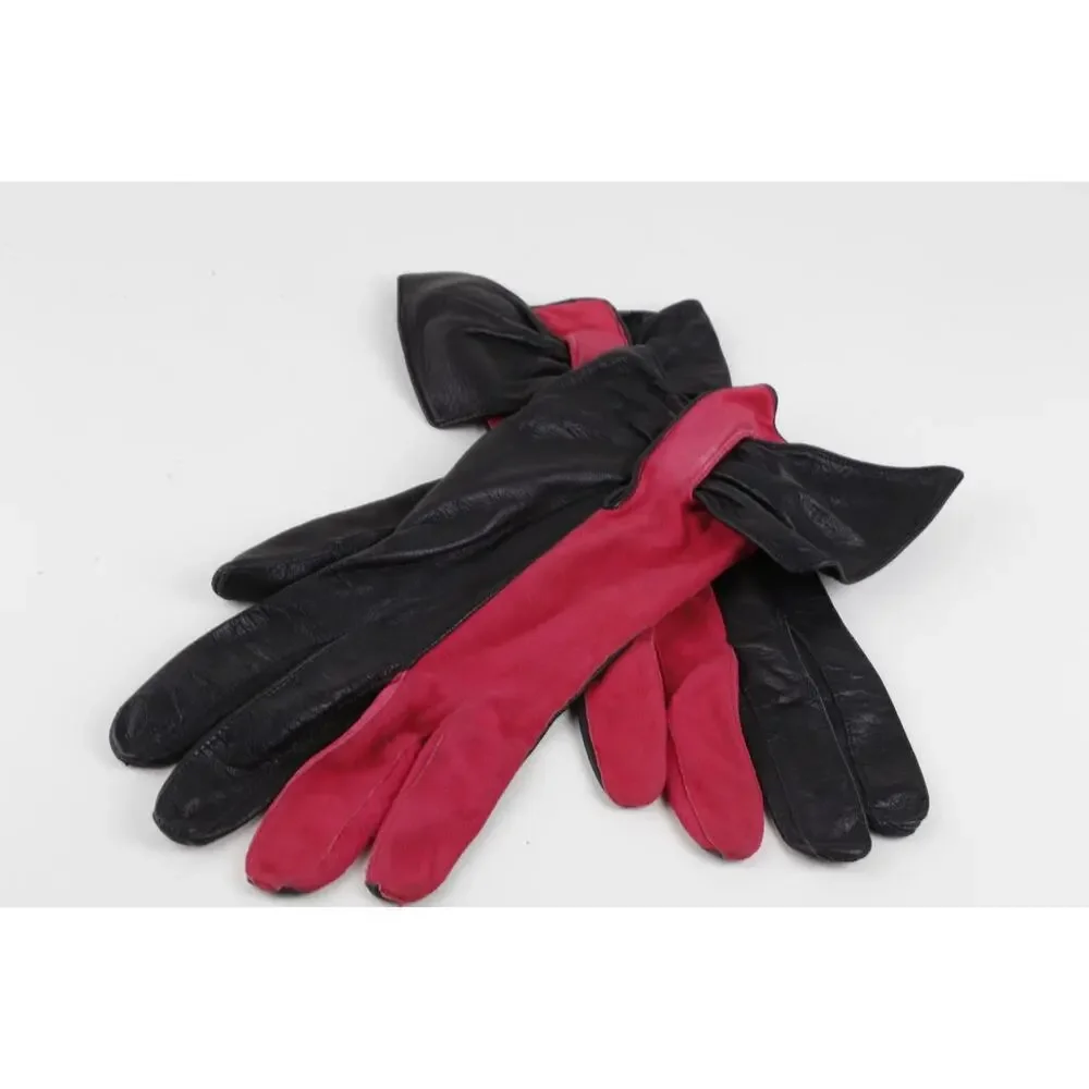 RARE Vintage Pierre Cardin Red Black Leather Suede Bow Gloves Size 7.5 France